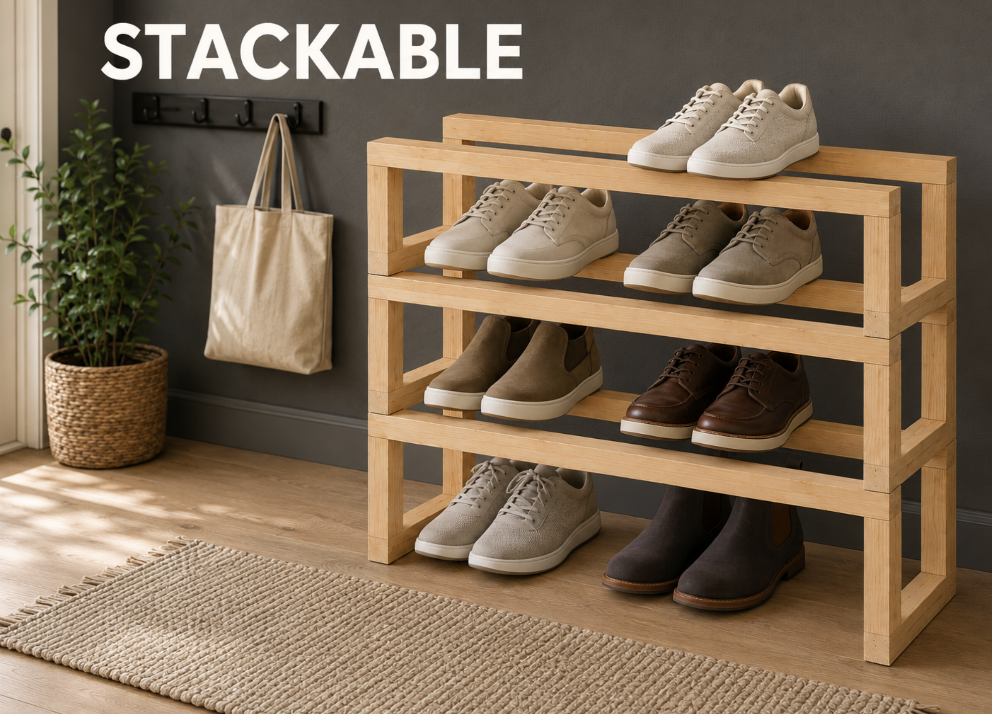 Simple one-board DIY shoe racks stacked for additional shoe storage